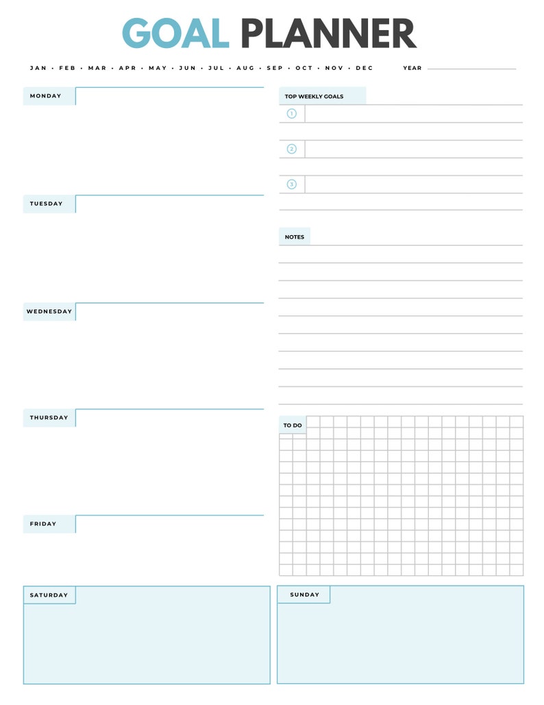 May include: A weekly goal planner with a light blue and white color scheme. The planner has sections for Monday through Sunday, with space for top weekly goals, notes, and a to-do list.