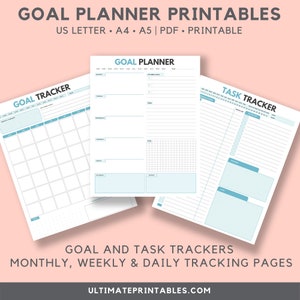 May include: Printable goal planner and task tracker pages. The pages are designed in a light blue and white color scheme with a pink background. The pages include a monthly goal tracker, a weekly goal planner, and a daily task tracker.