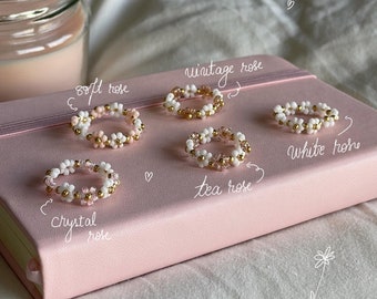 Handmade Daisy Beaded Ring – Flower Pearl Ring, Pink & White