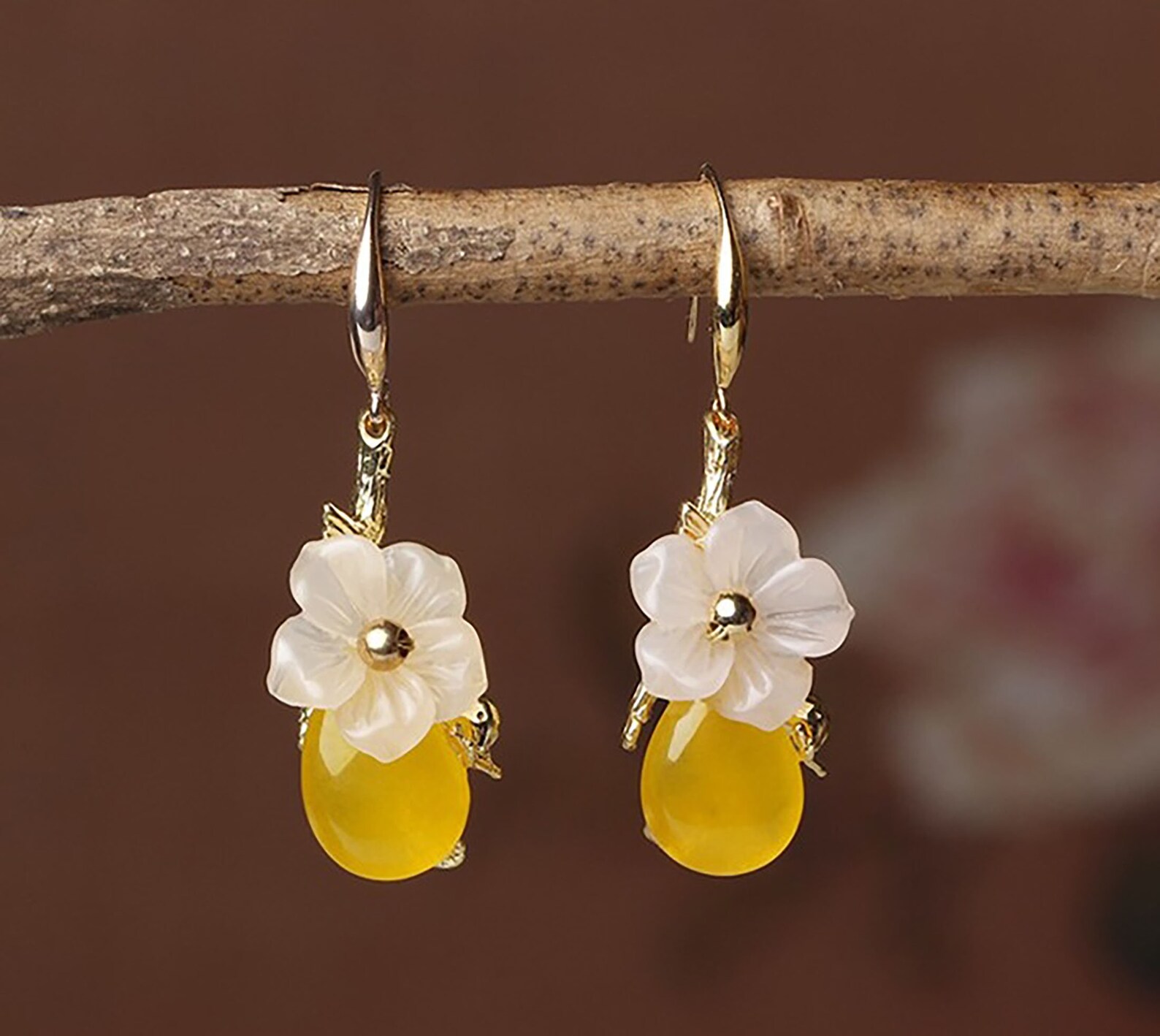 Yellow Jade Earrings 24k Gold Floral Earrings Real Jade | Etsy
