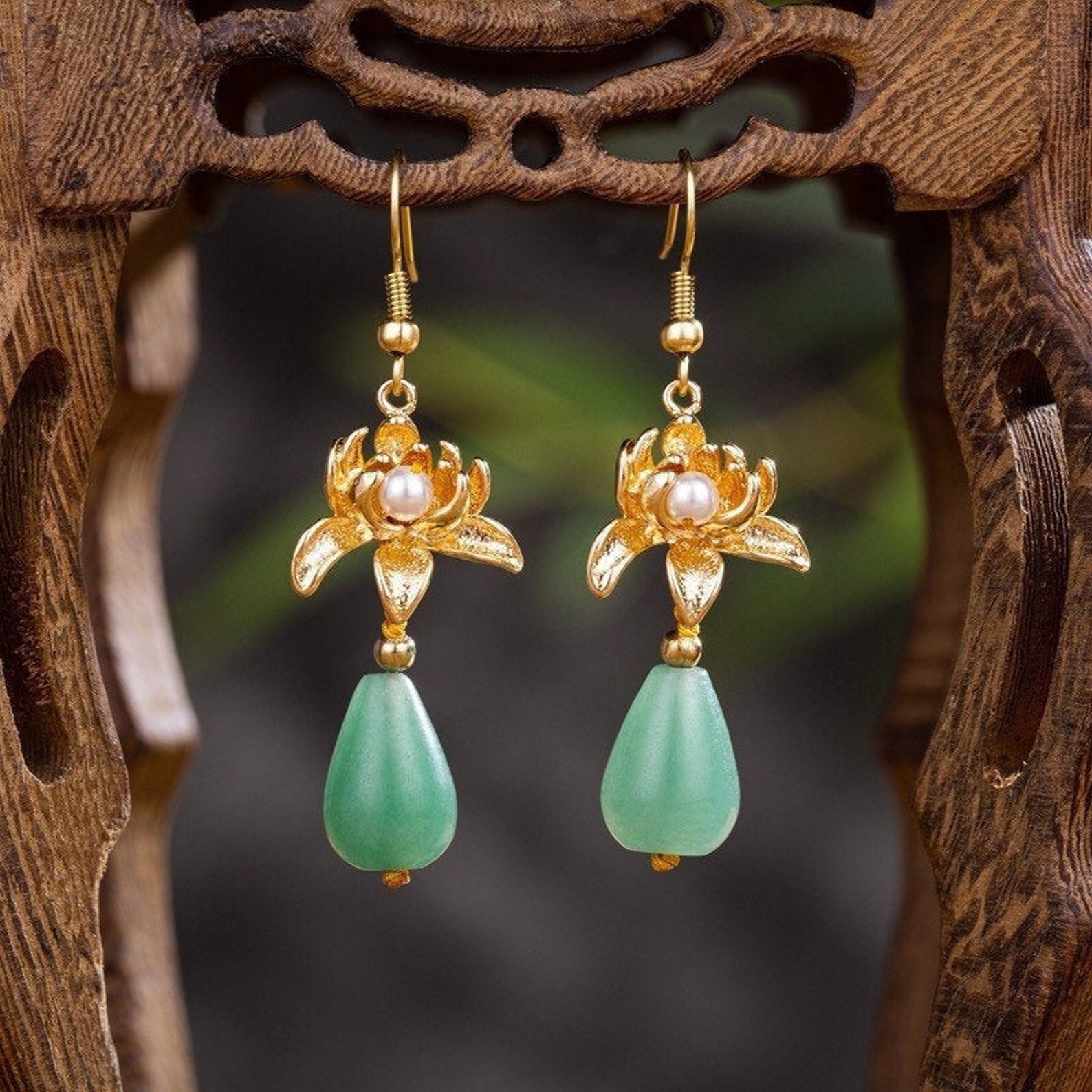 Floral Green Jade Earrings Gold Jade Drop Earrings 18K Gold | Etsy