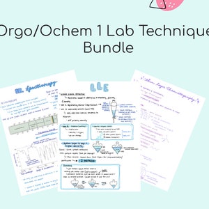 Può includere: Tre pagine di appunti scritti a mano su tecniche di laboratorio di chimica organica, tra cui spettroscopia IR, estrazione liquido-liquido (LLE) e cromatografia su strato sottile. Le pagine sono bianche con inchiostro blu e viola.