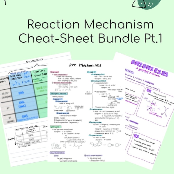 Comprehensive Reaction Mechanism Cheat Sheets Orgo/Ochem 1 Study Notes/Note Set —  Chemistry, Pre-Med, Med School, Nursing School