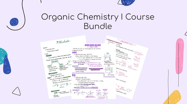 Pu&ograve; includere: Un set di tre note scritte a mano su carta bianca con accenti viola, verdi e rosa. Le note sono intitolate "Alcoli", "Reazioni SN1 & SN2" e "Aromatici". Le note fanno parte di un pacchetto di corsi di Chimica Organica I.