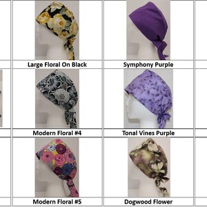 May include: A collection of 12 different patterned surgical caps, including floral, animal print, and solid colors. The caps are tied at the back of the head.