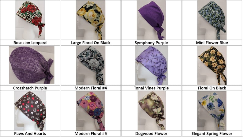 May include: A collection of 12 different patterned surgical caps, including floral, animal print, and solid colors. The caps are tied at the back of the head.