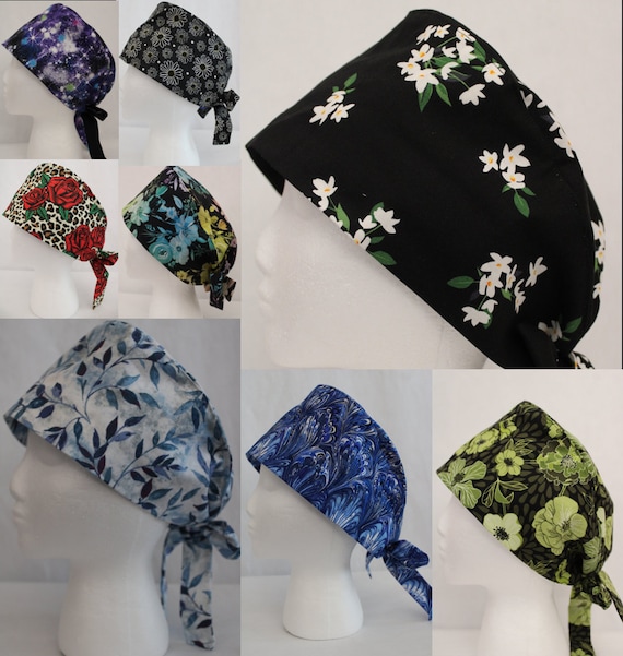 Scrub Cap - Surgical Cap, Scrub Hat for Doctor, Nurse, Surgical Hat With Buttons For Mask, Floral, Solid, Floral, Navy, Purple, nurse scrub