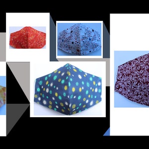 May include: Assortment of five face masks with different patterns. The masks are made of fabric and have a variety of colors and designs, including red, blue, green, and white.
