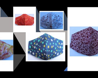 May include: Assortment of five face masks with different patterns. The masks are made of fabric and have a variety of colors and designs, including red, blue, green, and white.