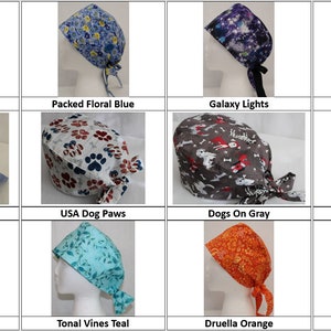 May include: A collection of 10 different patterned surgical caps, including designs with dogs, flowers, and geometric shapes. The caps are all made of fabric and have ties at the back.