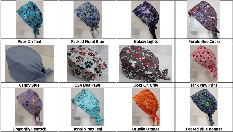 May include: A collection of 10 different patterned surgical caps, including designs with dogs, flowers, and geometric shapes. The caps are all made of fabric and have ties at the back.