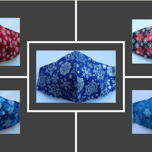Snowflake Face Mask, Holiday Cotton Face Mask, Nose Wire, Filter Pocket, Adjustable Ear Loops, Made In USA, Red Winter Face Mask, Washable