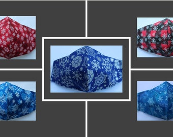 Snowflake Face Mask, Holiday Cotton Face Mask, Nose Wire, Filter Pocket, Adjustable Ear Loops, Made In USA, Red Winter Face Mask, Washable