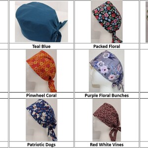 May include: Twelve different patterned surgical caps, including floral, polka dot, and geometric designs. The caps are tied at the back of the head.