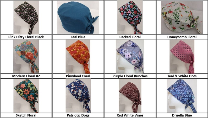 May include: Twelve different patterned surgical caps, including floral, polka dot, and geometric designs. The caps are tied at the back of the head.