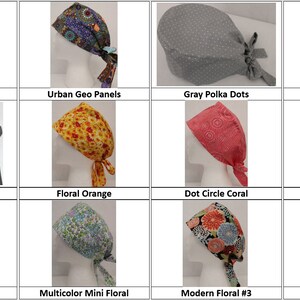 May include: A collection of 12 different patterned surgical caps, including bubble dots, urban geo panels, gray polka dots, purple cheetah, dark gray, floral orange, dot circle coral, mint oil slick, druella pink, multicolor mini floral, modern floral #3, and mini floral baby blue.