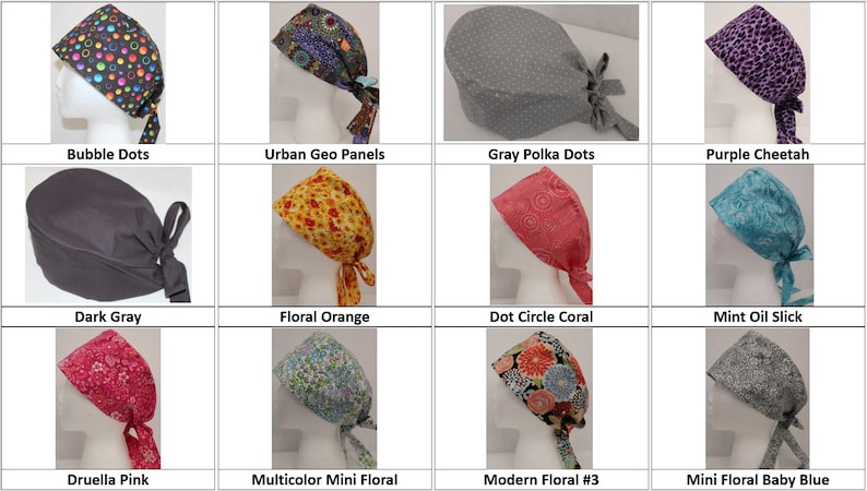 May include: A collection of 12 different patterned surgical caps, including bubble dots, urban geo panels, gray polka dots, purple cheetah, dark gray, floral orange, dot circle coral, mint oil slick, druella pink, multicolor mini floral, modern floral #3, and mini floral baby blue.