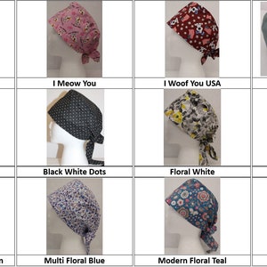 May include: Twelve different patterned surgical caps, including floral, polka dot, and animal print designs. The caps are tied at the back with a long, thin fabric tie.