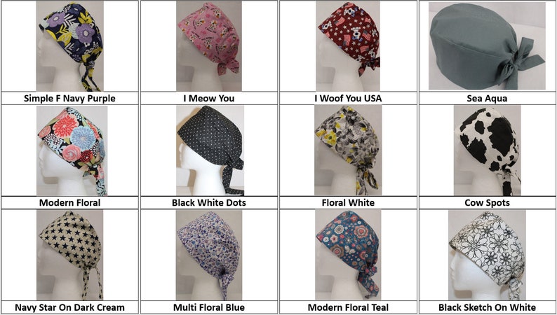 May include: Twelve different patterned surgical caps, including floral, polka dot, and animal print designs. The caps are tied at the back with a long, thin fabric tie.