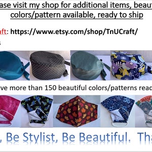 May include: A collection of colorful scrub caps and face masks. The scrub caps are made of fabric and have different patterns. The face masks are also made of fabric and have different patterns. The text "My Shop TnUCraft: https://www.etsy.com/shop/TnUCraft/" is visible in the image. The text "Be Safe, Be Stylist, Be Beautiful. Thank you." is also visible in the image.