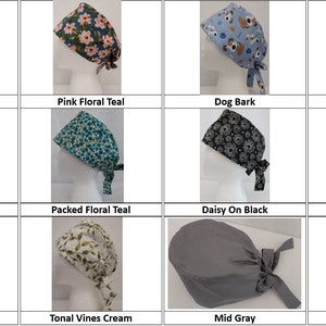 May include: A collection of 12 different patterned surgical caps, including floral, animal print, and solid colors. The caps are made of fabric and have ties to secure them in place.