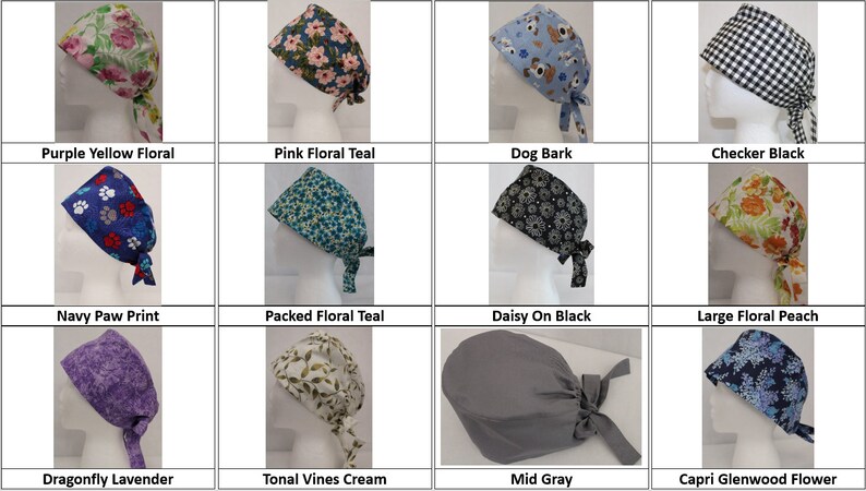 May include: A collection of 12 different patterned surgical caps, including floral, animal print, and solid colors. The caps are made of fabric and have ties to secure them in place.