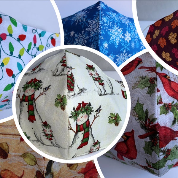 Face Mask Fall, Face Mask Christmas, Holiday Themes, Washable, Made in USA, Reusable, Breathable, Double Layer, 100% Cotton, Elastic earloop