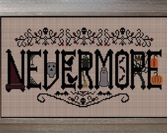 Nevermore Halloween Edgar Allen Poe hand embroidery sampler PDF cross stitch pattern