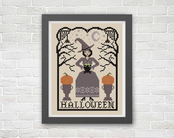 Seasonal Witch Halloween Cross Stitch Pattern (PDF) (two in one with customizable witch)