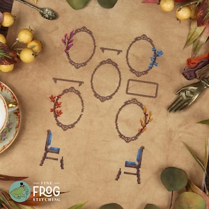 May include: Cross-stitch pattern featuring several oval and rectangular frames with floral accents. The design includes two small chairs and is set against a tan fabric background. The Fine Frog Stitching logo is visible in the lower left corner.