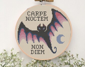 Carpe Noctem Pastel Bat Counted Cross Stitch Pattern PDF