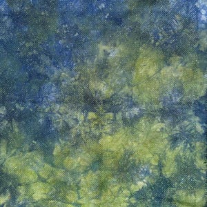 May include: A piece of fabric featuring a mottled, tie-dye style pattern in shades of deep navy blue, forest green, and lime green. The textile has a visible woven grid texture throughout, creating a variegated appearance with blended color transitions.