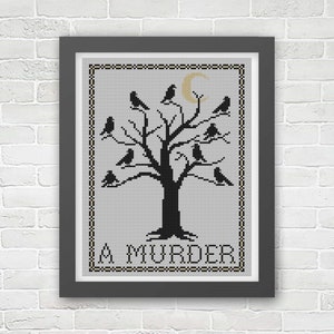 May include: A black and white cross-stitch pattern featuring a tree with a crescent moon and many birds perched on its branches. The text "A MURDER!" is below the tree.