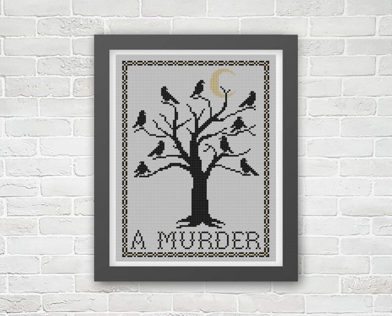 May include: A black and white cross-stitch pattern featuring a tree with a crescent moon and many birds perched on its branches. The text "A MURDER!" is below the tree.