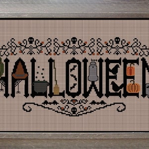 Halloween Sampler hand embroidery full-color PDF cross stitch pattern (gothic, halloween, spooky)