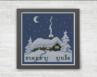 Merry Yule Snowy House Winter Christmas PDF Cross Stitch Pattern