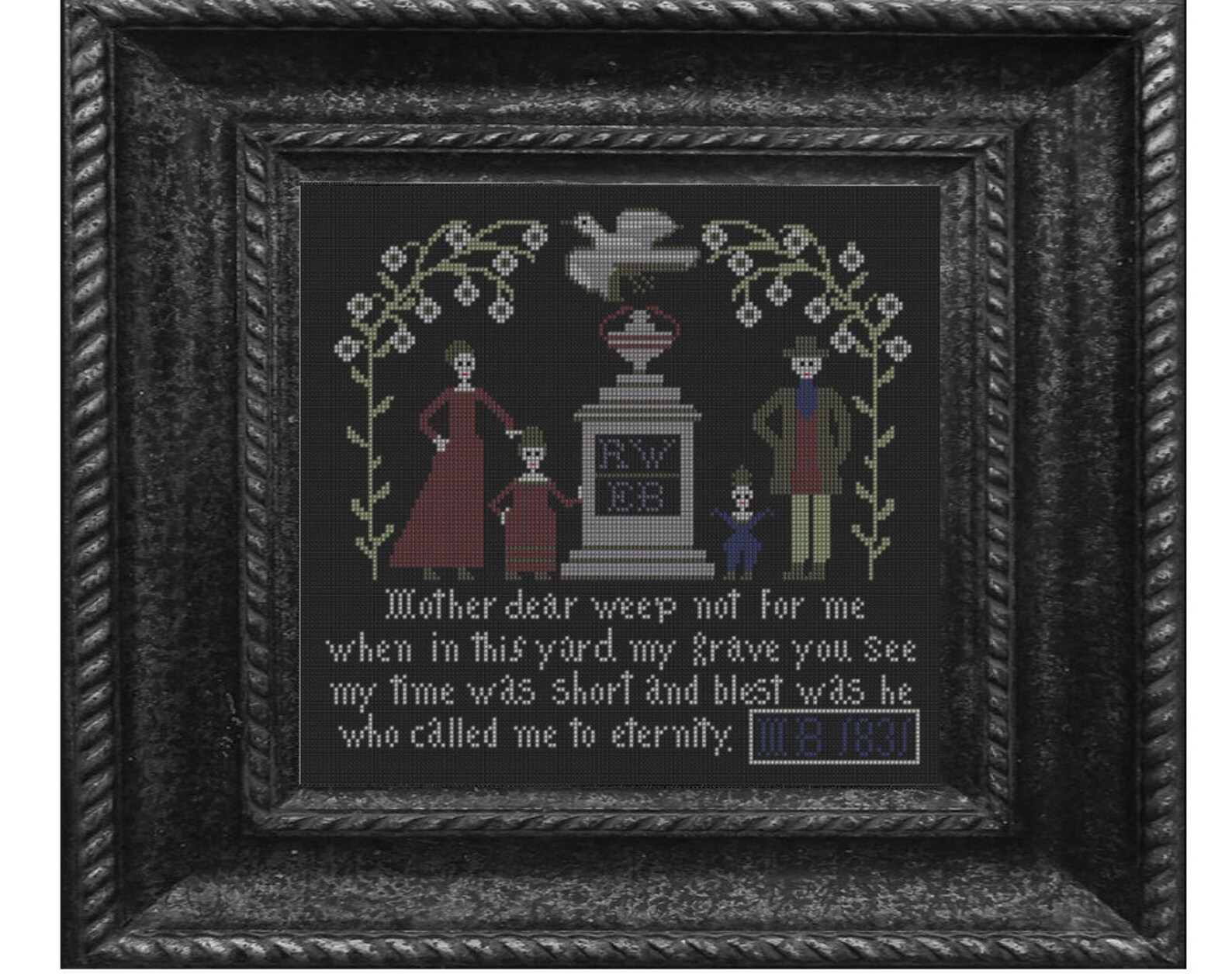1831 Primitive Mourning Sampler With Skeletons & Gravestone on Black ...