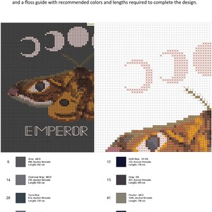 K&ouml;nnte beinhalten: Ein Kreuzstichmuster mit einem detaillierten Bild eines braunen und grauen Kaiserfalters auf schwarzem Hintergrund. Das Muster enth&auml;lt eine Farbtabelle mit 10 verschiedenen Farben und den entsprechenden Anchor-Garnnummern und -l&auml;ngen in Zentimetern.