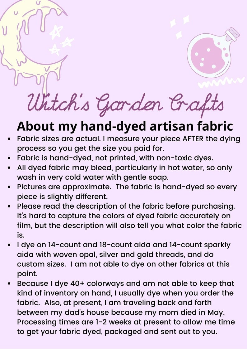 K&ouml;nnte beinhalten: Text &uuml;ber handgef&auml;rbten handwerklichen Stoff von Witch's Garden Crafts. Die Stoffgr&ouml;&szlig;en sind tats&auml;chlich, handgef&auml;rbt mit ungiftigen Farbstoffen und k&ouml;nnen in hei&szlig;em Wasser ausbluten. Bilder sind ann&auml;hernd, und der Stoff ist leicht unterschiedlich. Die Beschreibung enth&auml;lt Informationen &uuml;ber die verwendeten Stoffarten, die verf&uuml;gbaren Farben und die Bearbeitungszeit.
