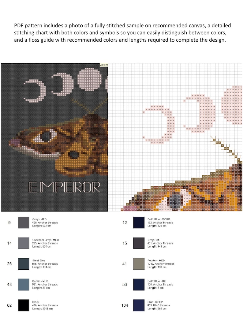 May include: A cross-stitch pattern featuring a detailed image of a brown and gray emperor moth with a black background. The pattern includes a color chart with 10 different colors and the corresponding Anchor thread numbers and lengths in centimeters.