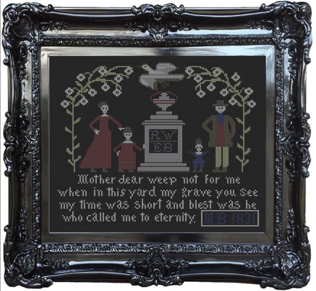 1831 Primitive Mourning Sampler With Skeletons & Gravestone on Black ...