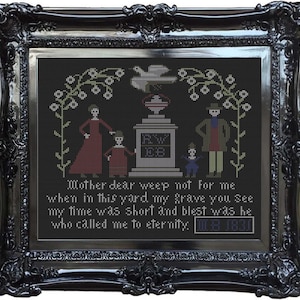 1831 Primitive Mourning Sampler With Skeletons & Gravestone on Black AIDA (Goth)