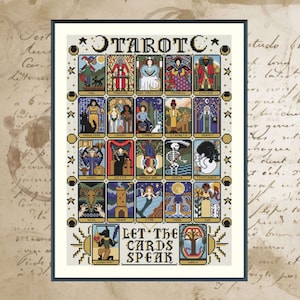Può includere: Un'illustrazione in stile vintage delle 22 carte dei Tarocchi degli Arcani Maggiori, con un bordo dorato e il testo "Let the Cards Speak".