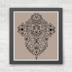 May include: A black and white illustration of a symmetrical design with a butterfly in the centre. The design includes skulls, keys, and other symbols. The words "Live" and "Die" are on either side of the butterfly.