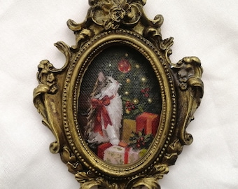 Christmas Cat Oil Painting, Original Small Framed Hand-painted  Art, Rustic Holiday Gift