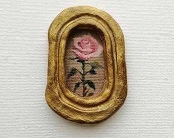 Miniatuur rozenolieverfschilderij – originele bloemkunst, handgemaakte gouden lijst