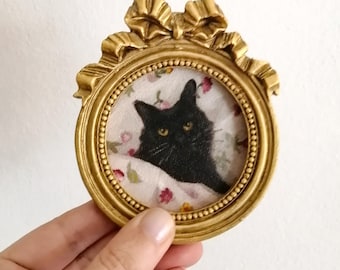 Small Black Cat Oil Painting, Original Miniature Pet Portrait Art in Vintage Frame