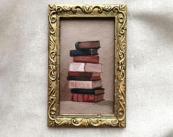 Miniature Oil Painting: Vintage Stack of Books in Antique Frame
