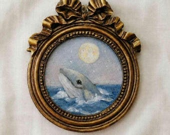 Original Whale Oil Painting – Mini Moonlit Seascape in Vintage Round Frame | Coastal Ocean Wall Art