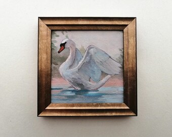 油絵　絵画　在庫あり『白鳥の湖』 白鳥の絵画：モネの池、睡蓮、オリジナル油絵（12x12） - Etsy 日本